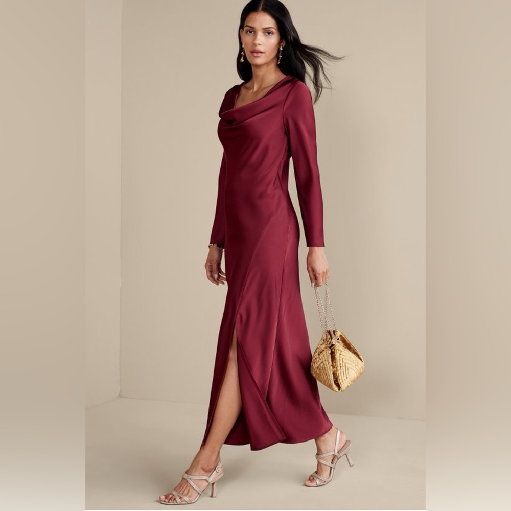 Soft Surroundings Solange Satin Dress Gathered Neckline Long Sleeve NEW Size 4